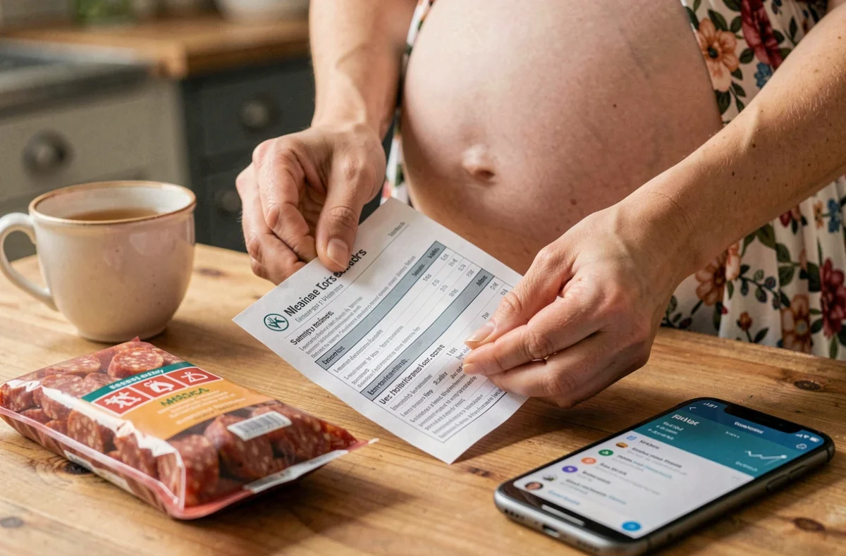 Mains de femme enceinte consultant des informations nutritionnelles sur le chorizo
