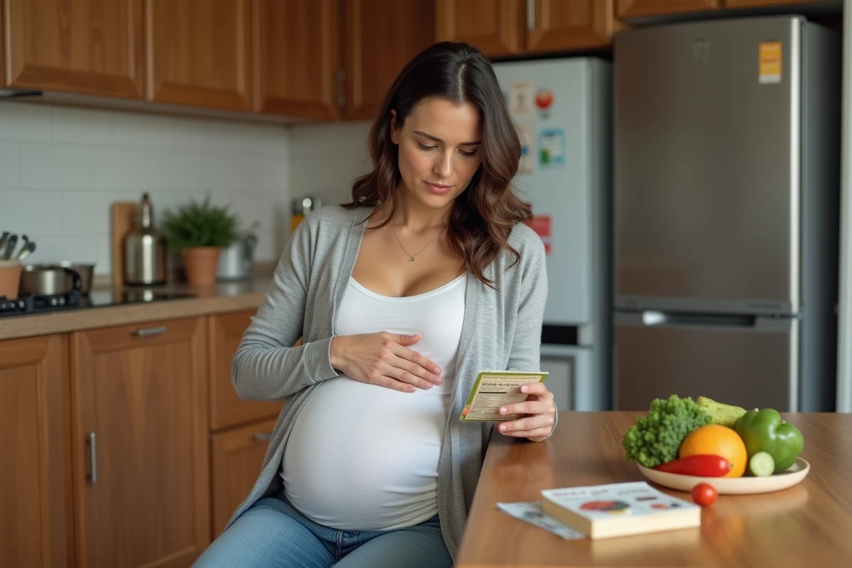Femme enceinte lisant une étiquette nutrition dans la cuisine