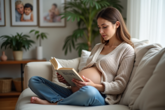 Femme enceinte lisant un guide dans un salon chaleureux