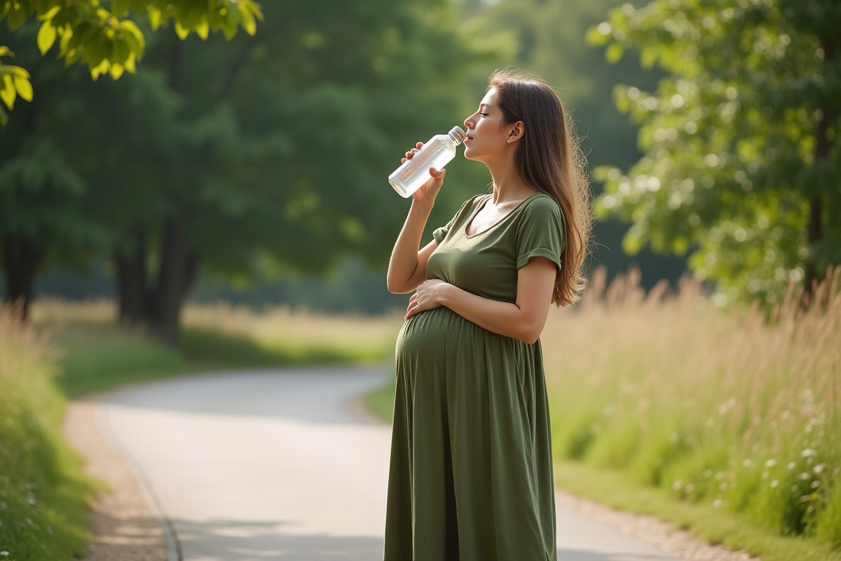 Femme enceinte dans un parc en été buvant dans une bouteille réutilisable