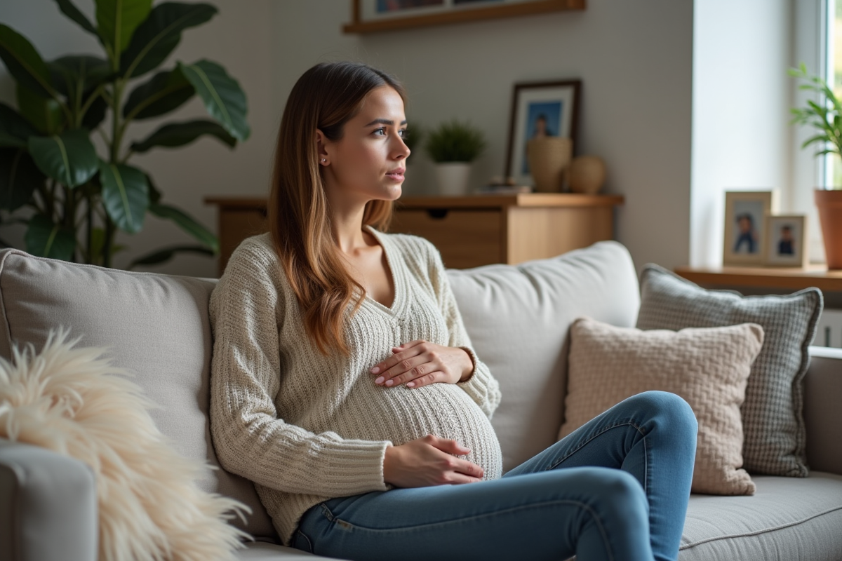 Femme enceinte assise sur un canapé dans un salon cosy