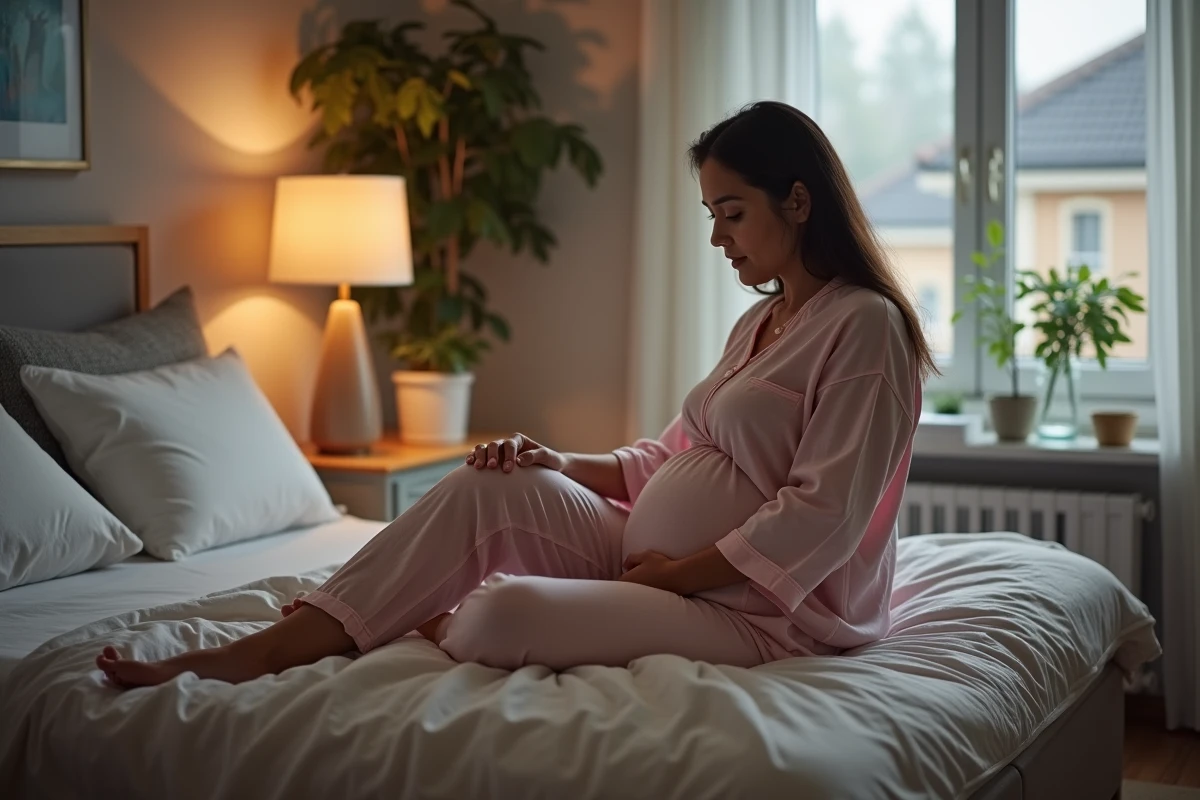 Femme enceinte assise sur le lit en détente dans sa chambre