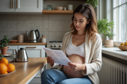 Femme enceinte lit un dépliant sur les restrictions de grossesse