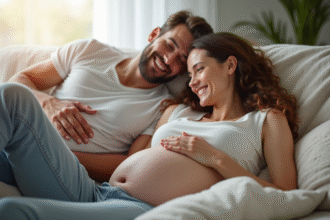 Femme enceinte allongée sur un canapé avec son partenaire