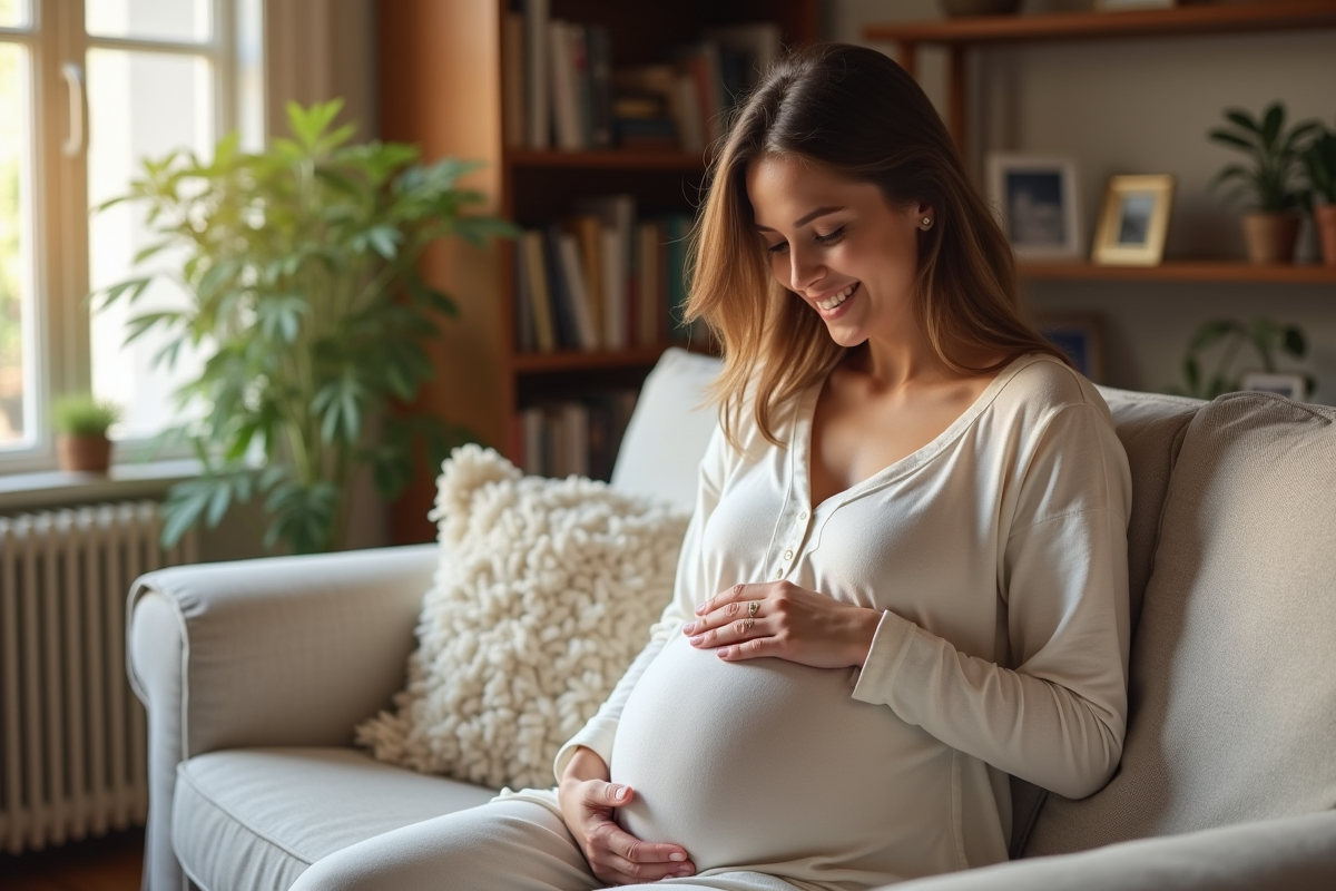 Femme enceinte souriante dans un salon lumineux et chaleureux