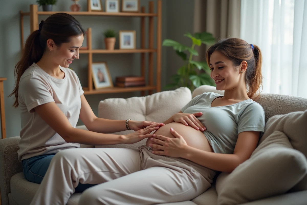 Femme enceinte sur le canapé avec son partenaire qui la soutient