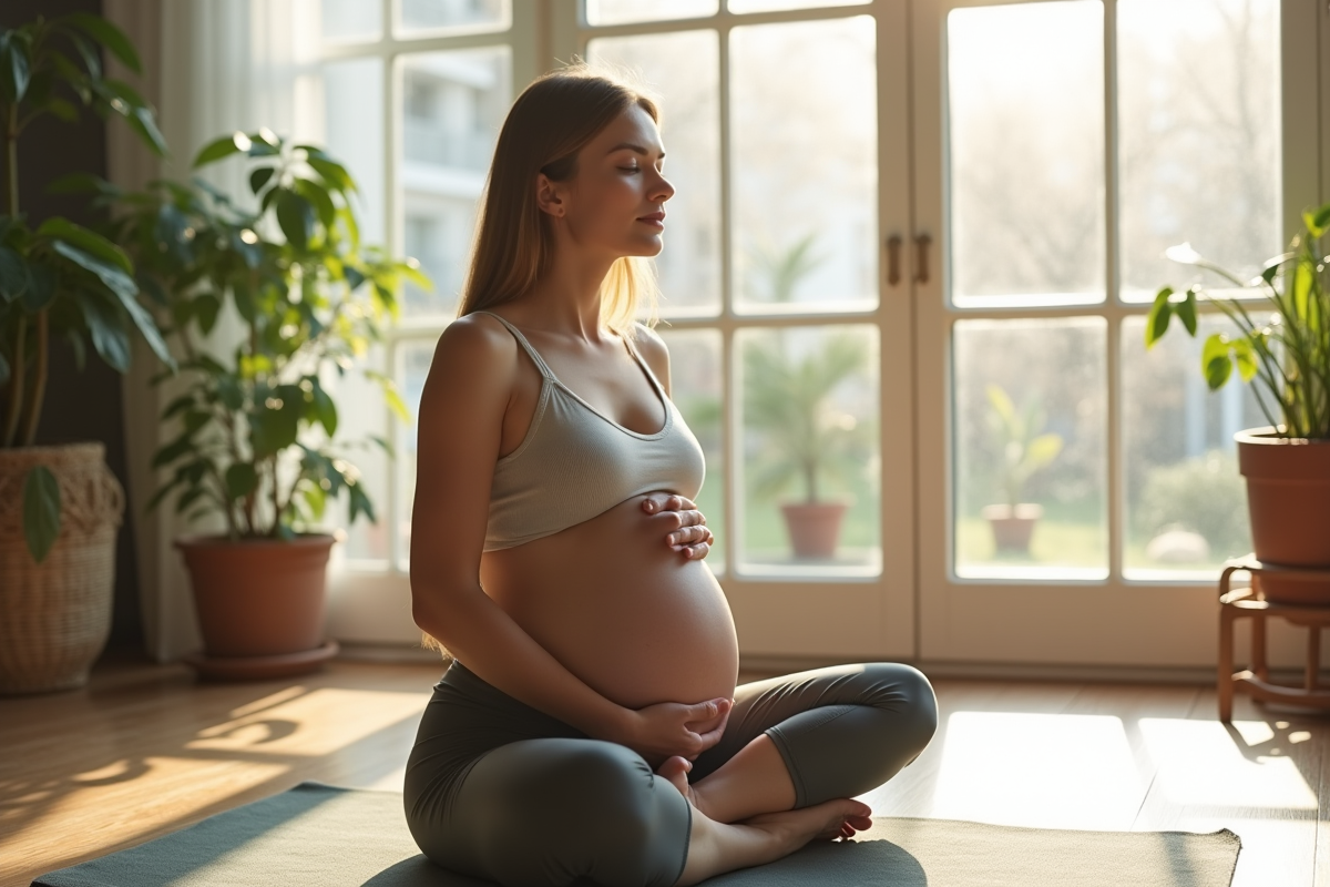 Femme enceinte pratiquant la respiration profonde dans un salon lumineux