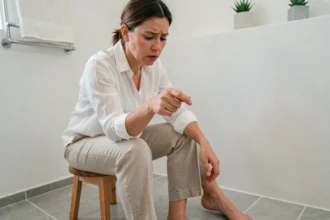 Femme examinant attentivement une blessure au doigt près de la matrice de l'ongle dans une salle de bain lumineuse