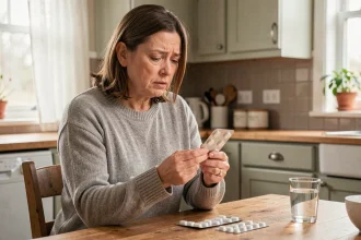 Femme d'une cinquantaine d'années examinant une plaquette de médicaments antibiotiques et anti-inflammatoires dans sa cuisine, expression préoccupée