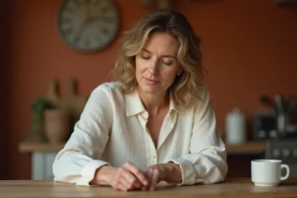 Femme se grattant la paume de la main gauche à table, symbolisant la superstition et la signification ésotérique