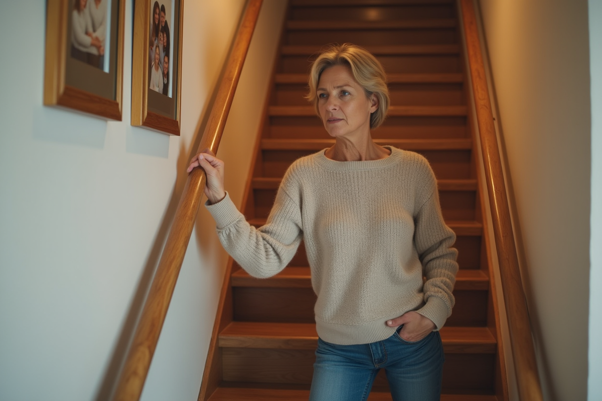 Femme d'âge moyen hésitante au bas des escaliers dans une maison moderne