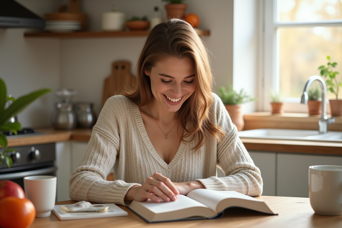 Femme lisant un livre de grossesse à la cuisine ensoleillée