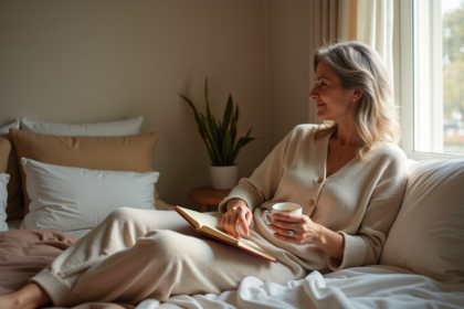 Femme en loungewear détendu regardant par la fenêtre