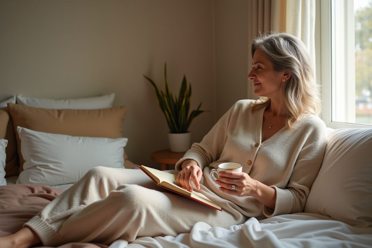 Femme en loungewear détendu regardant par la fenêtre