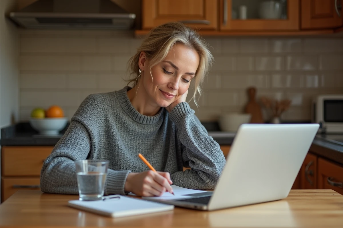 Femme à la maison prenant des notes sur sa santé gynécologique devant un ordinateur portable, s'informant sur les effets d'un traitement hormonal