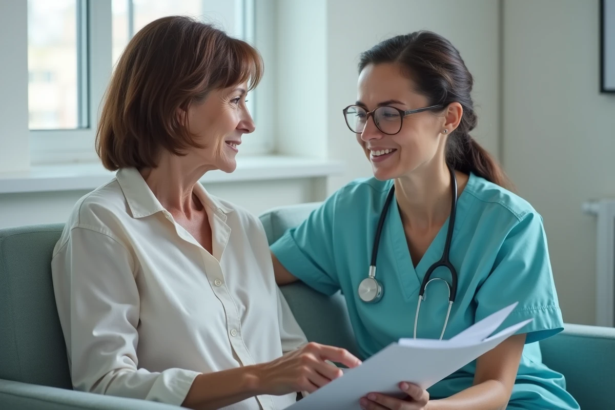 Femme d'âge moyen avec infirmière en consultation médicale