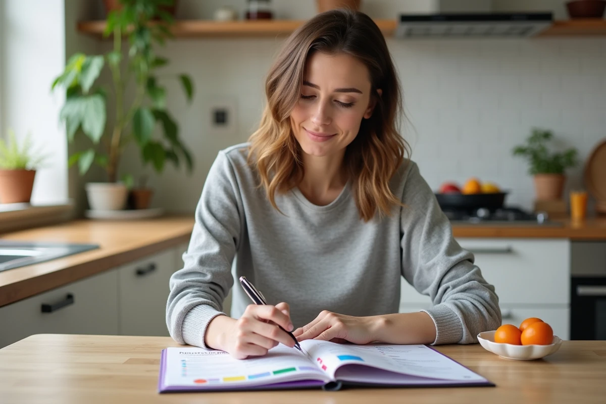 Femme en cuisine avec plan nutrition