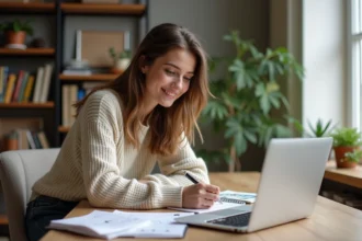 Jeune femme souriante avec ordinateur et diagrammes pour Kiunhuskectayaz