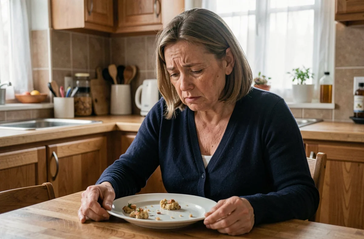 Femme sans appétit devant son repas, perte d'appétit symptôme précoce du cancer de l'estomac
