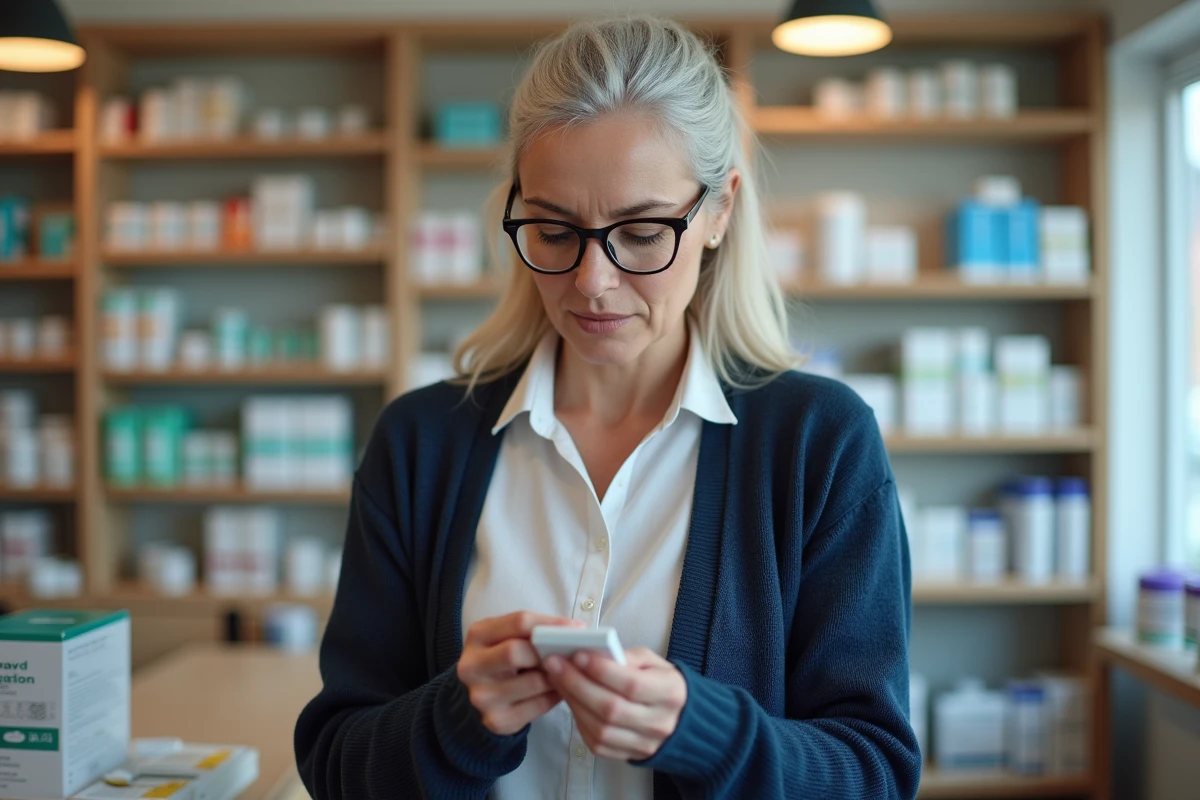 Femme mature lisant la notice d'un médicament gynécologique en pharmacie, tenant une boîte de traitement vaginal