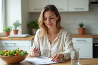 Femme consultant un plan de régime alimentaire avec un bol de salade saine dans une cuisine moderne, comparant blog minceur et régime classique