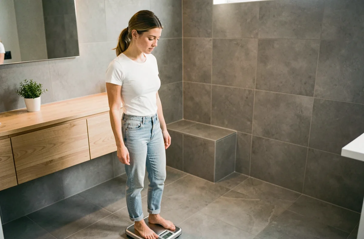Femme adulte se pesant sur une balance numérique dans une salle de bain moderne, illustrant l'IMC et le poids moyen des femmes françaises
