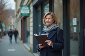 Femme d'âge moyen devant un bâtiment CPAM à Hauts de Seine