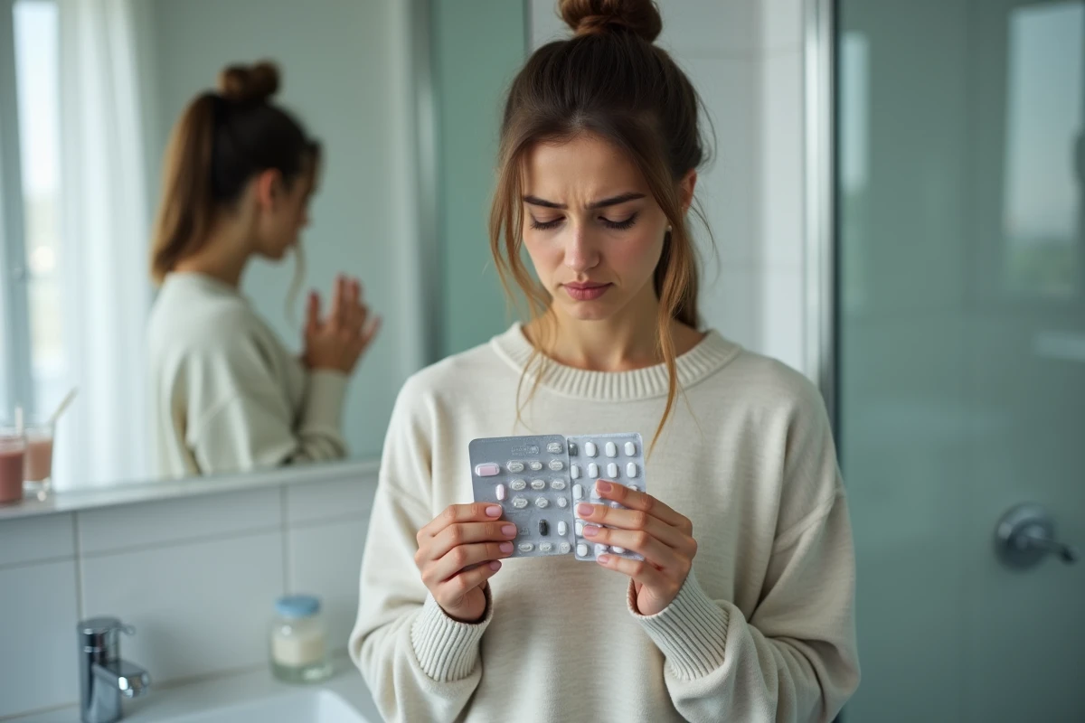 Jeune femme regardant un blister de pilules dans la salle de bain