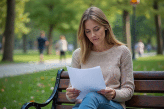 Femme d'âge moyen tenant un rapport médical dans un parc