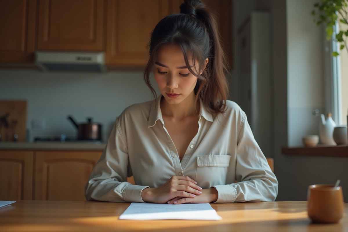 Femme pensive lisant une lettre dans sa cuisine