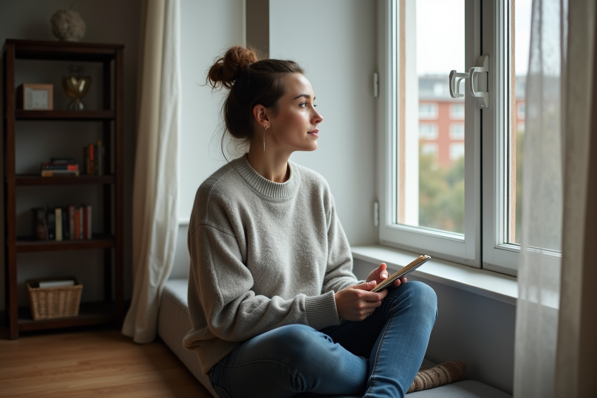 Femme pensant assise près d'une fenêtre dans un salon