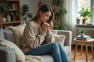 Femme assise sur un canapé dans un intérieur moderne