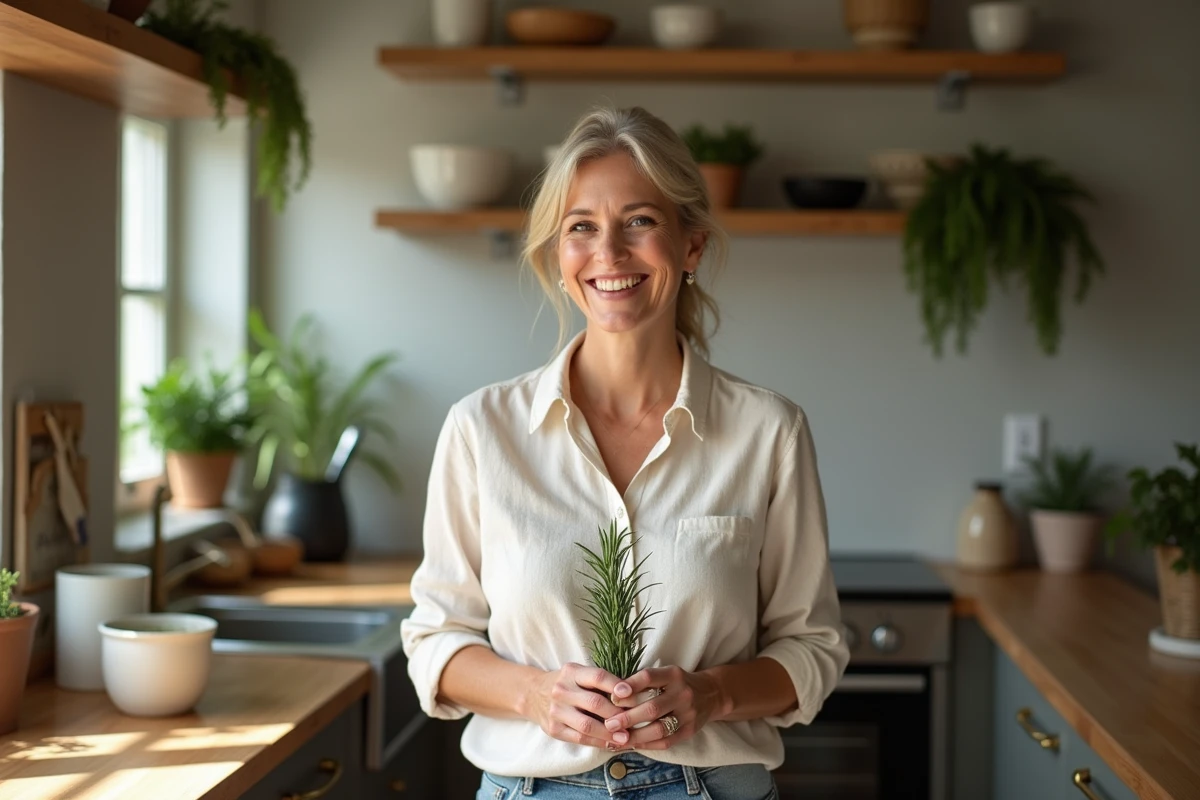Femme souriante tenant du romarin dans une cuisine lumineuse