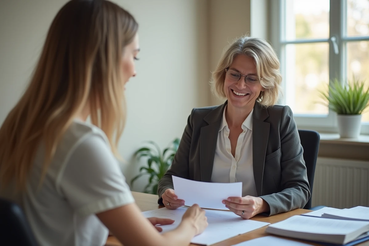 Femme d'âge moyen souriante consulte un document avec un conseiller santé