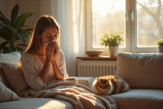 Jeune femme sur un canapé ensoleille avec un chat