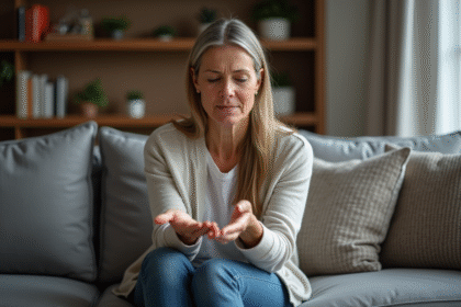 Femme assise sur un canapé moderne dans son salon