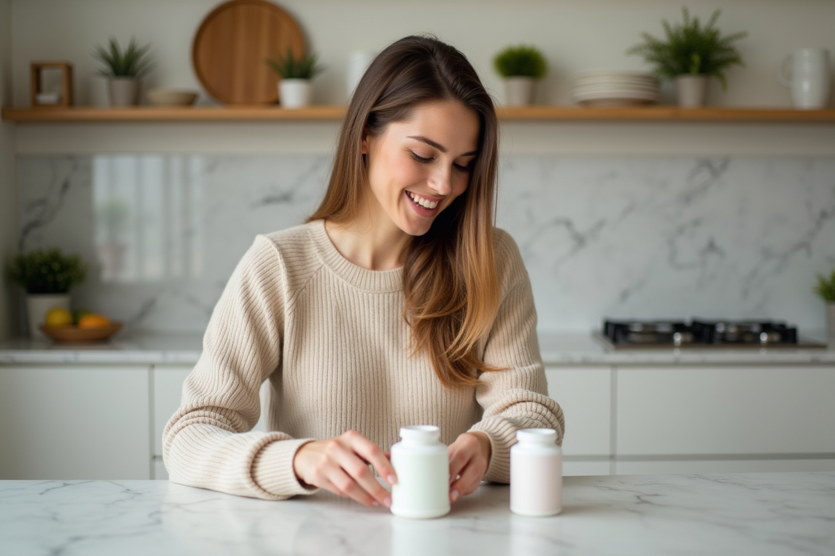 Femme souriante lisant une étiquette de complément alimentaire