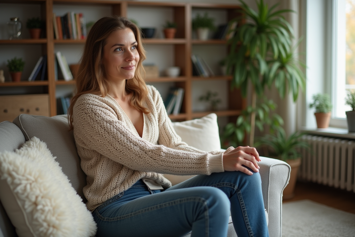 Femme en détente dans un salon lumineux et cosy
