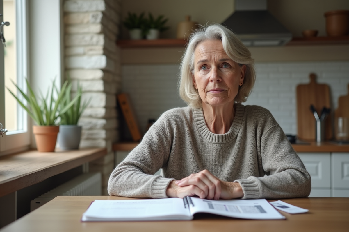 Femme d'âge moyen en réflexion avec brochures santé