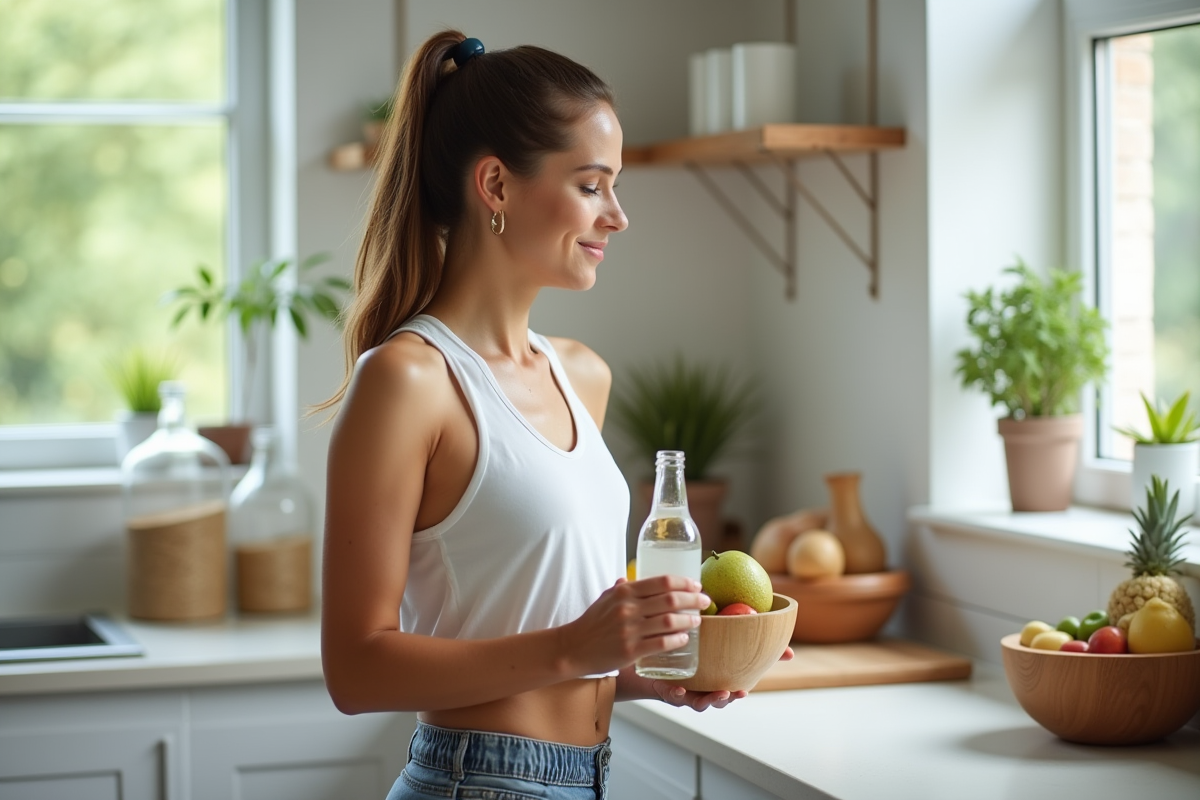 Femme en tenue sportive avec bol de fruits dans une cuisine lumineuse