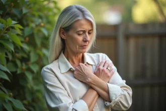 Femme d'âge moyen se grattant le bras dans un jardin