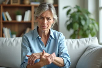 Femme d'âge moyen examinant son avant-bras en intérieur