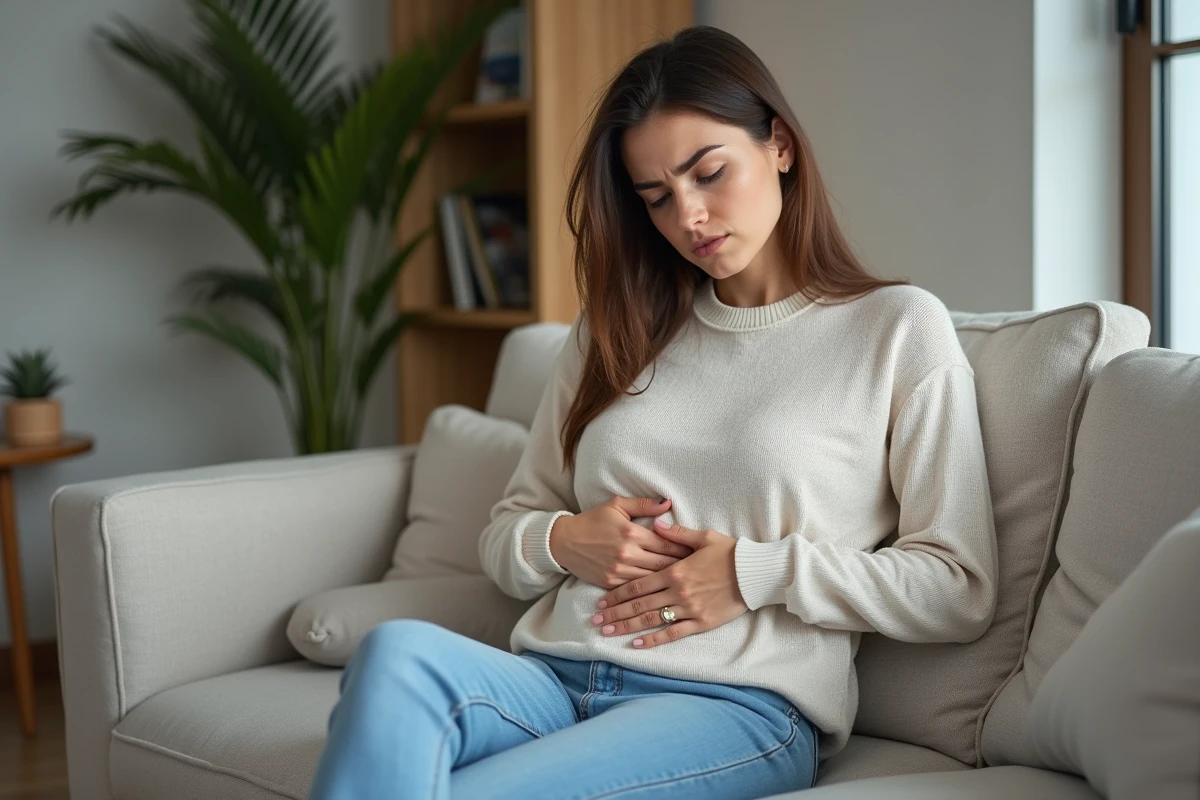 Femme assise sur un canapé dans un salon moderne