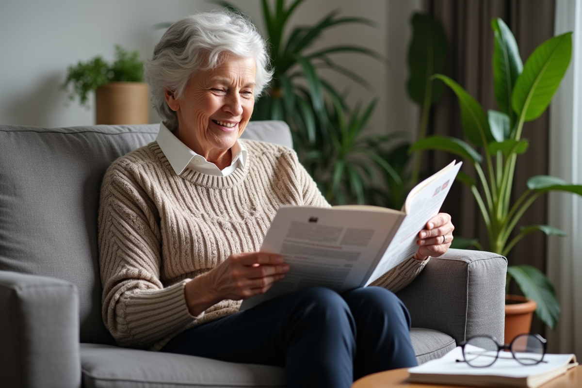 Femme senior lisant un magazine de santé dans son salon