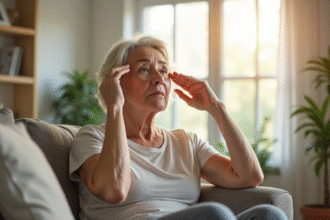 Femme senior assise sur un canapé dans un salon lumineux