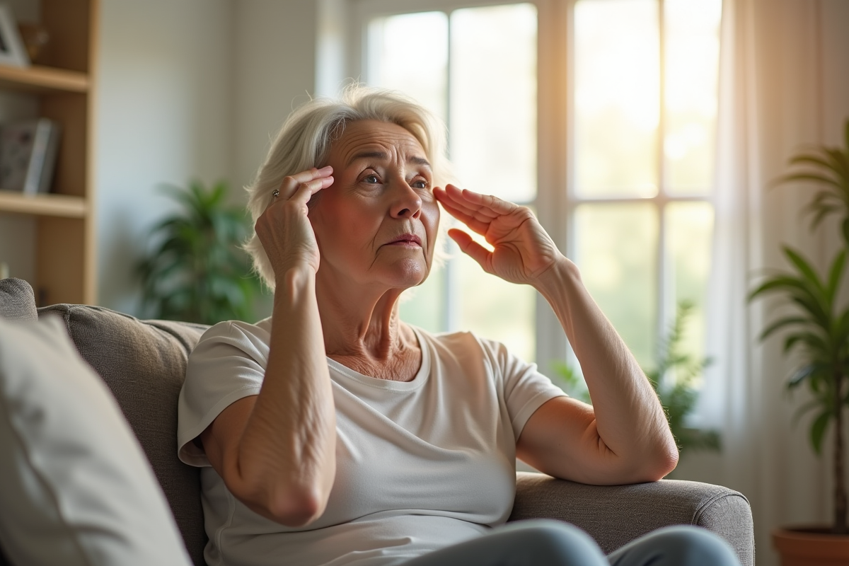 Femme senior assise sur un canapé dans un salon lumineux