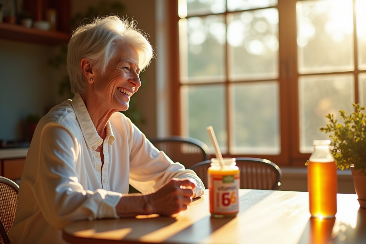 Femme senior souriante avec smoothie et vitamine B6