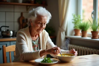 Femme senior dégustant une soupe dans la cuisine chaleureuse