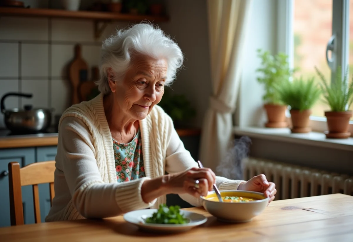 Femme senior dégustant une soupe dans la cuisine chaleureuse