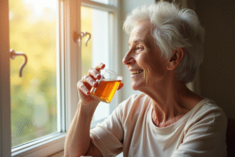 Femme senior prenant vitamine D3 près d'une fenêtre ensoleillée